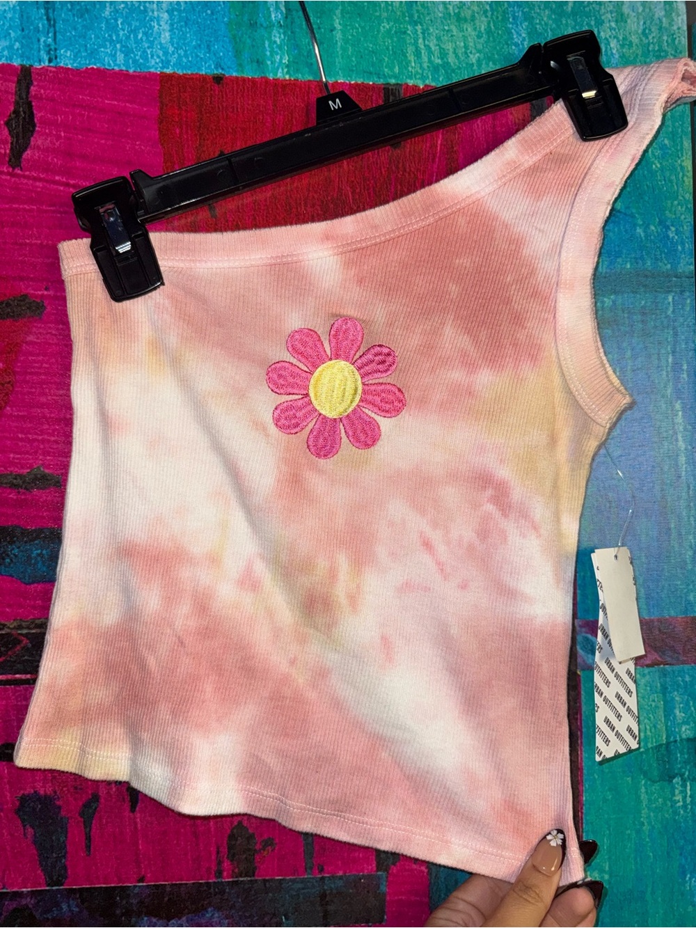 Urban Outfitters Pink Tie-Dye One-Shoulder Tank with Daisy Patch